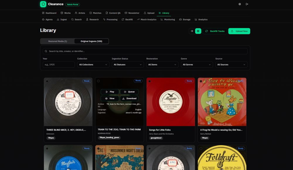 Clearance: a library of 78rpm record labels with titles and dates.